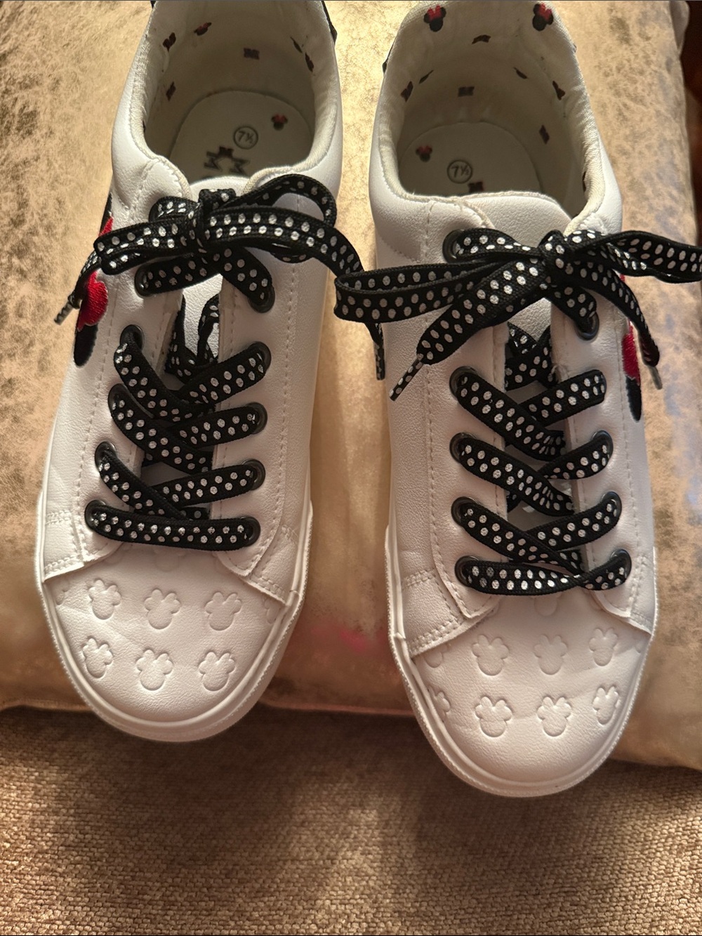 Adult White Sneakers with Black & Red Minnie Bow Accent
